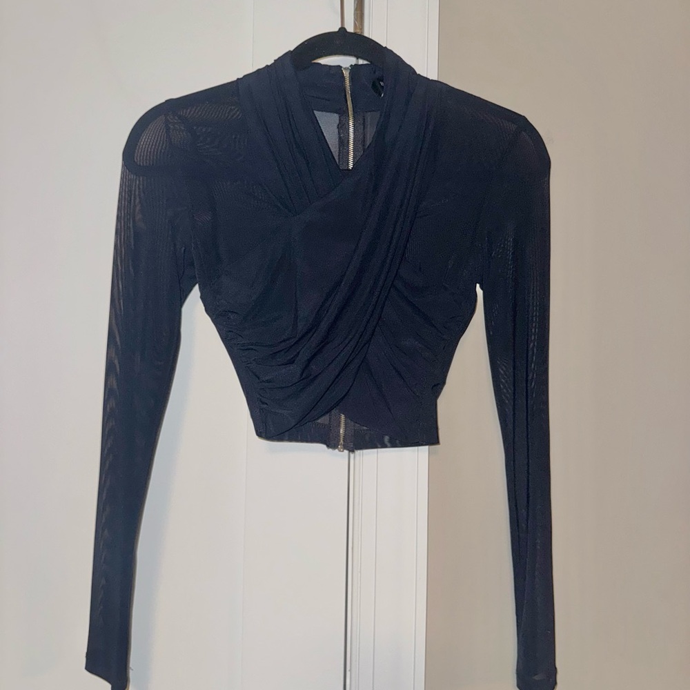 Women's Navy Blue Draped Mesh Long-Sleeve Top